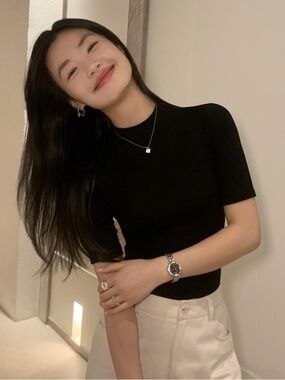 Taobao Pusumede - black bodycon short sleeve mock neck top